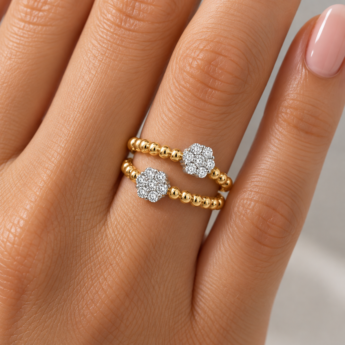 18Kt 2 Row Caviar Bead Diamond Fashion Ring