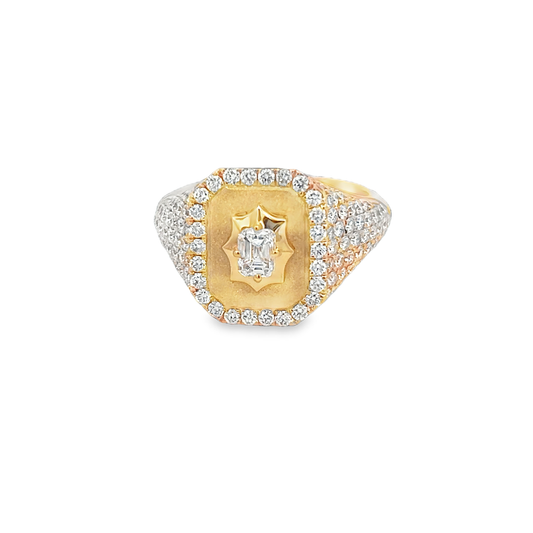 Signet Ring with Emerald and Round Diamonds