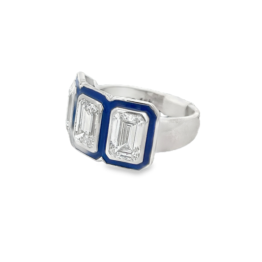 3 Stone and Blue Enamel Fashion Ring