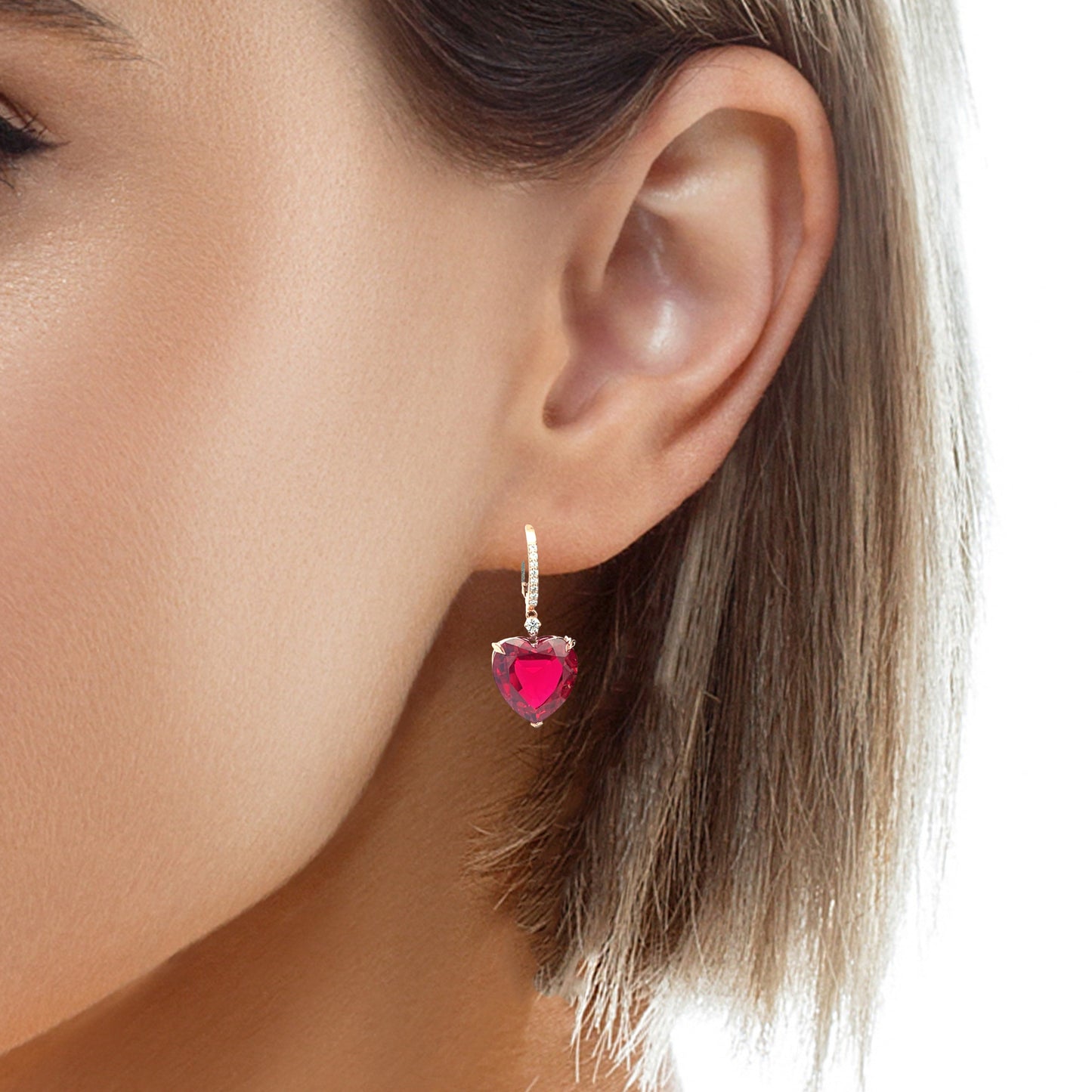 Rose Gold Heart-Shape Ruby Drop Earrings