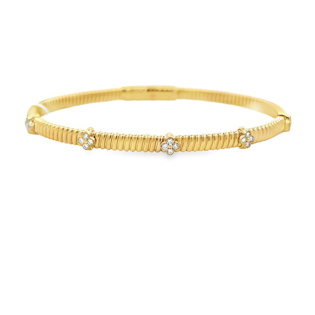 14Kt Gooseneck Bangle With 5 Diamond Clovers Bracelet