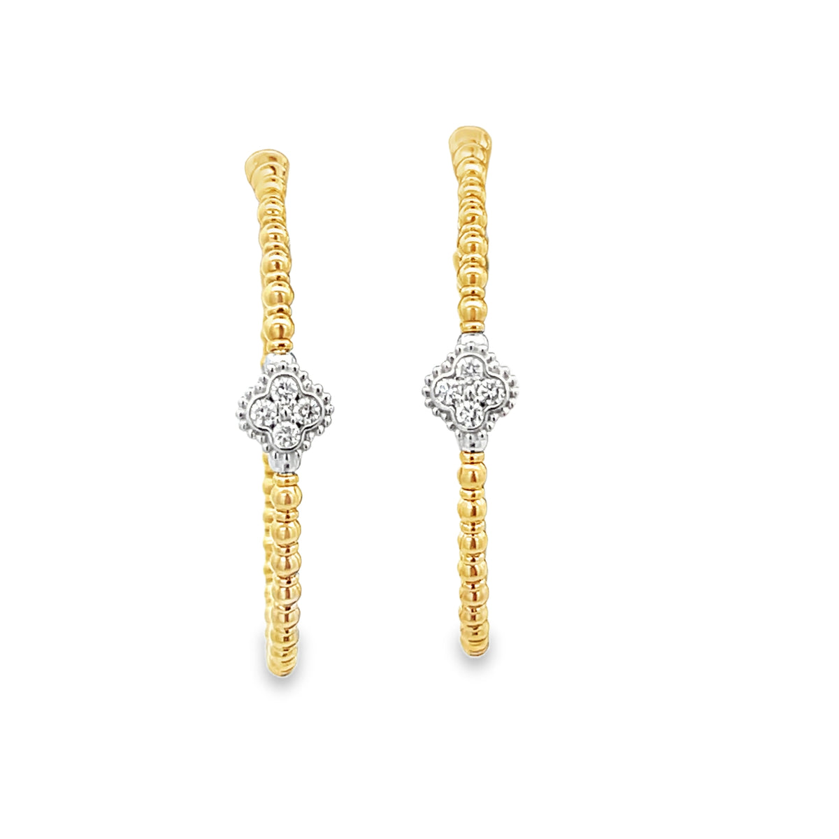 14Kt Caviar Bead Hoop Earrings With Diamond Clovers