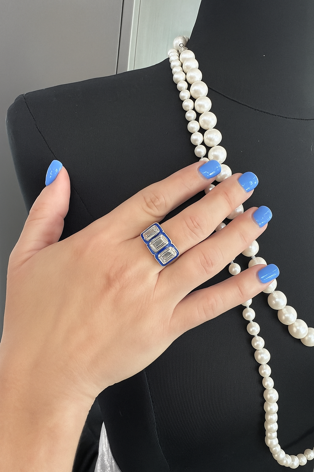 3 Stone and Blue Enamel Fashion Ring