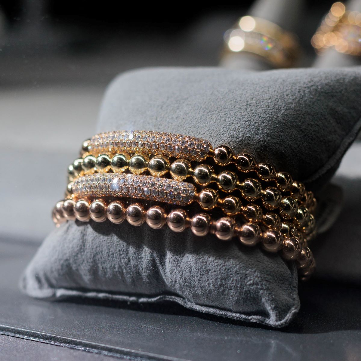 Rose Gold Caviar Bead and Pave Set Bar Bangle
