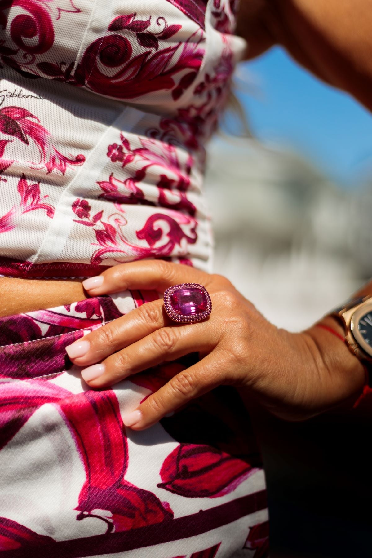 Pink Tourmaline with Sapphire & Ruby Halo Fashion Ring