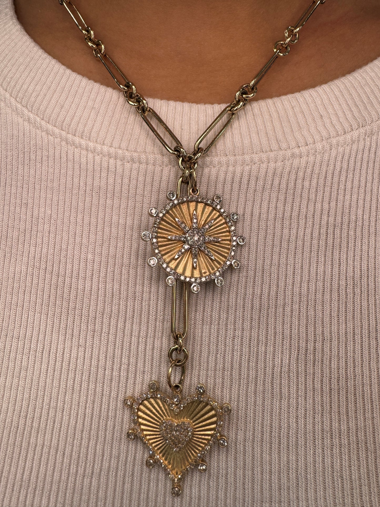 Diamond Heart and Disc Charm Necklace