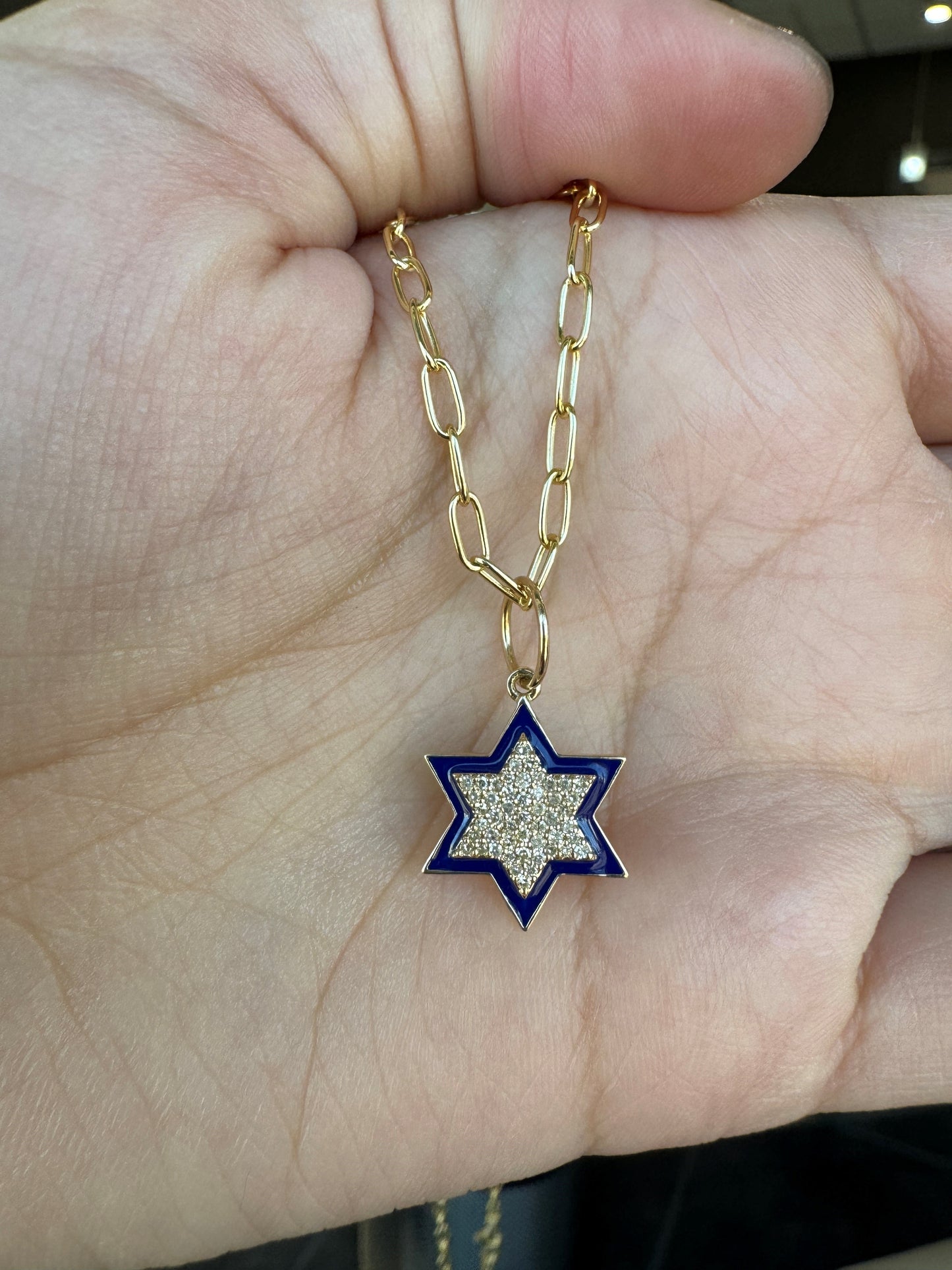 Diamond & Blue Enamel Star of David Necklace