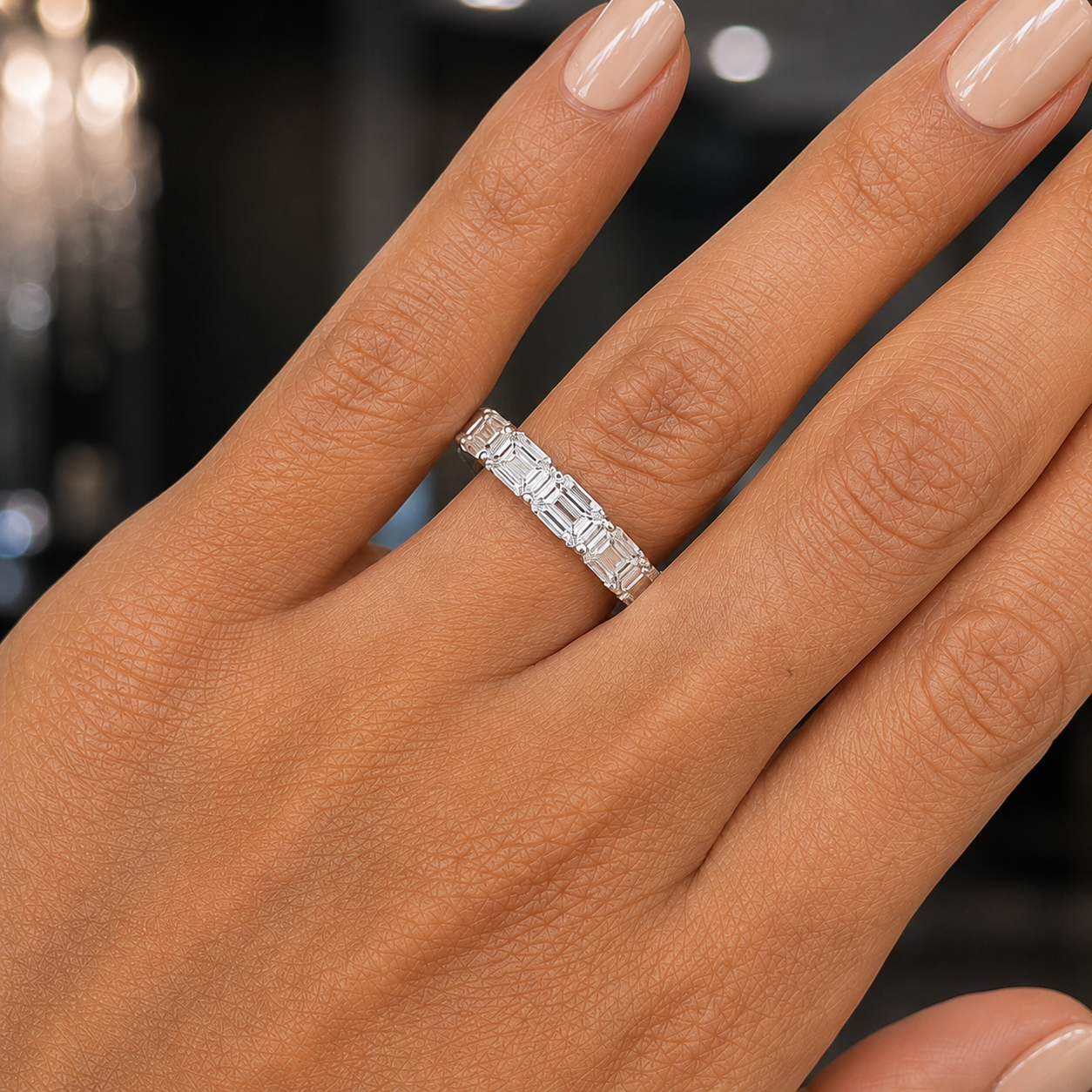 14Kt WG Eternity Emerald Diamond Wedding Band