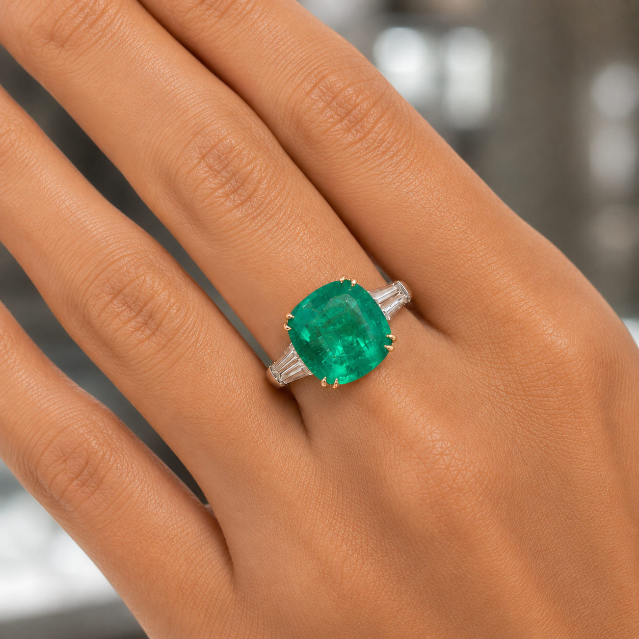 Cushion Emerald with Baguette Diamonds