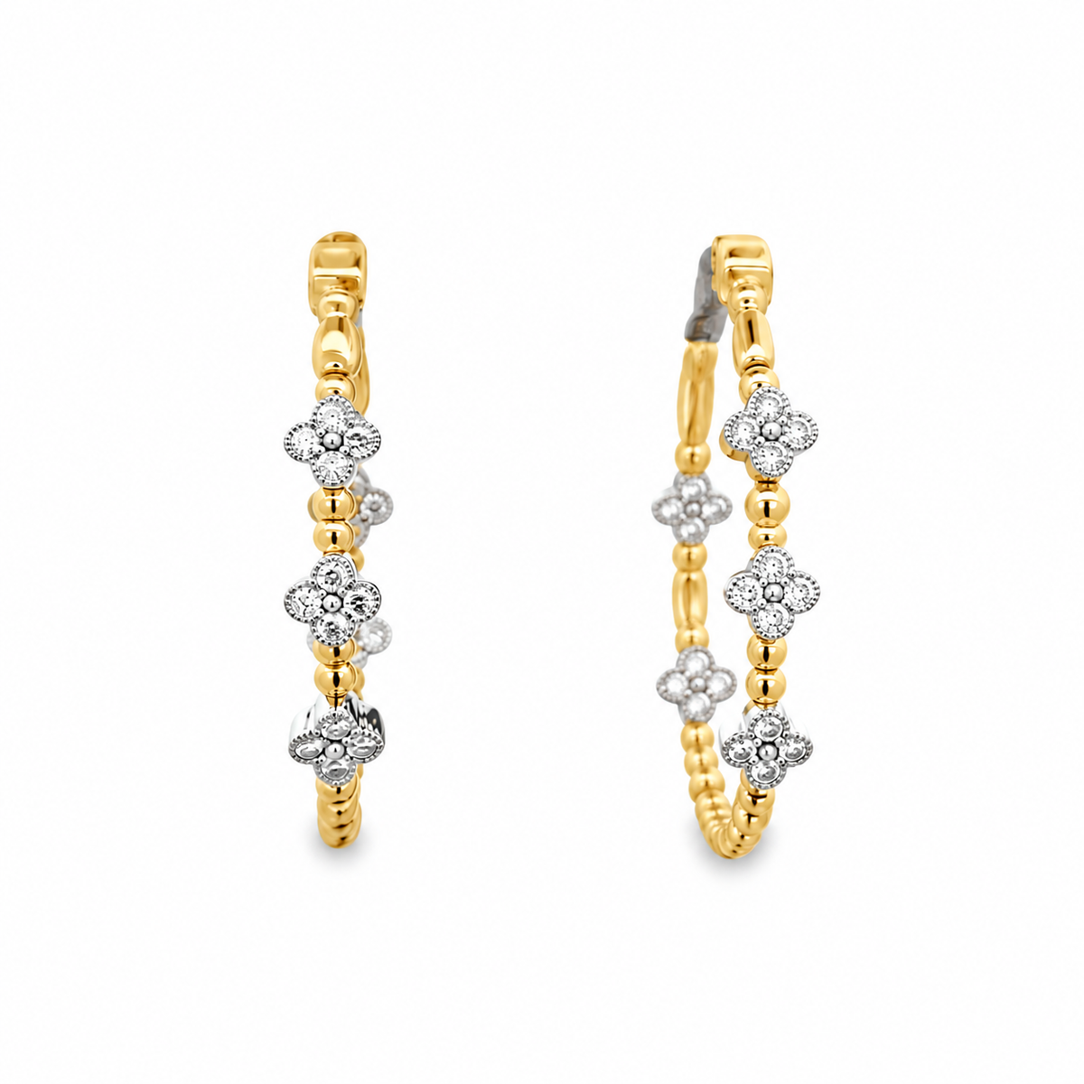 14Kt Caviar Bead Hoop With Diamond Clovers Earrings