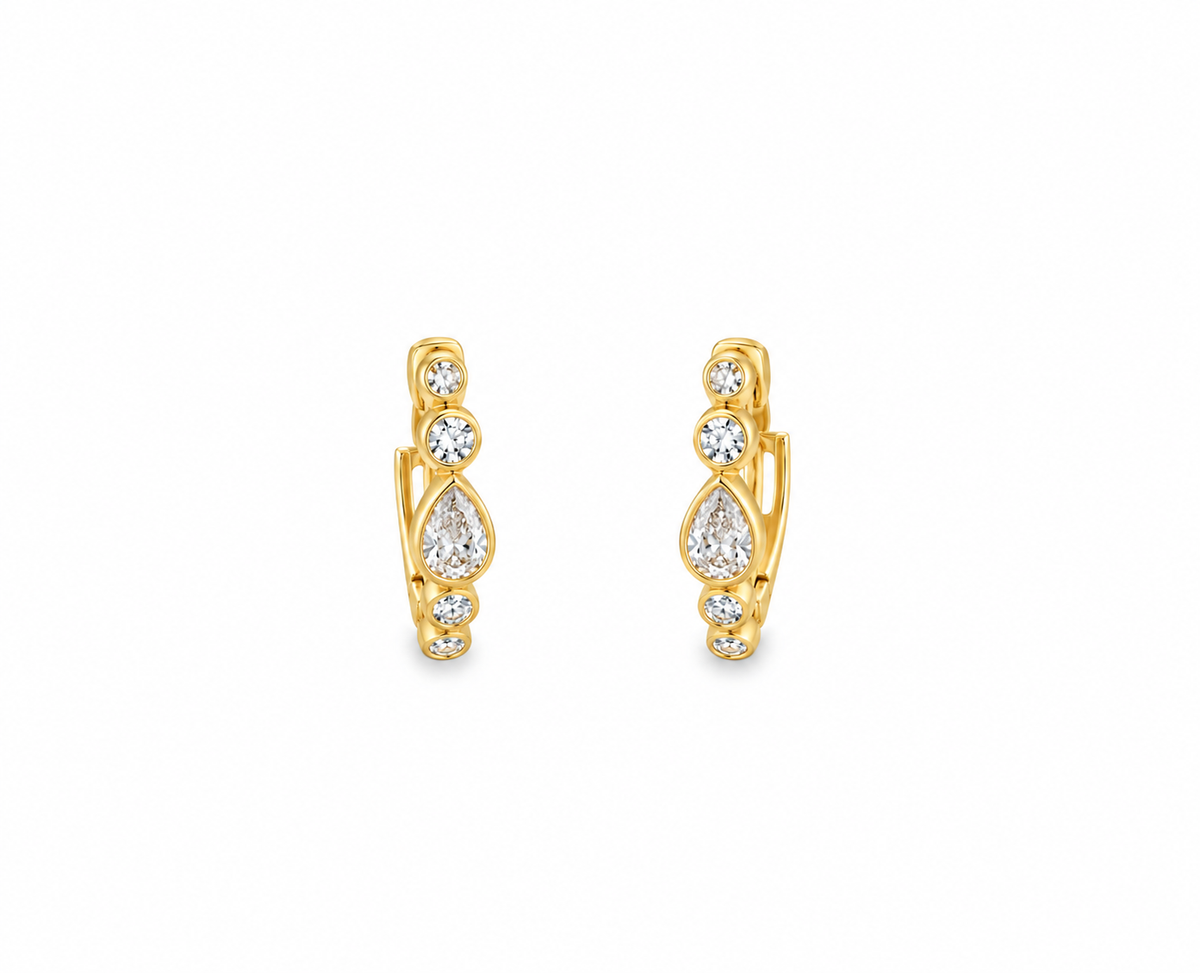 14Kt Pear & Round Diamond Huggy Earrings