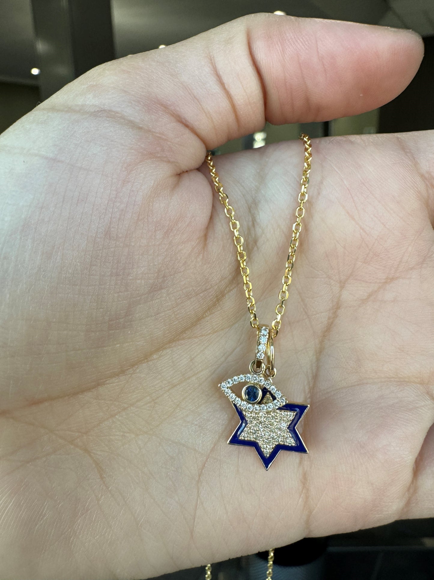 Radiant Diamond Star of David Pendant with Evil Eye Charm