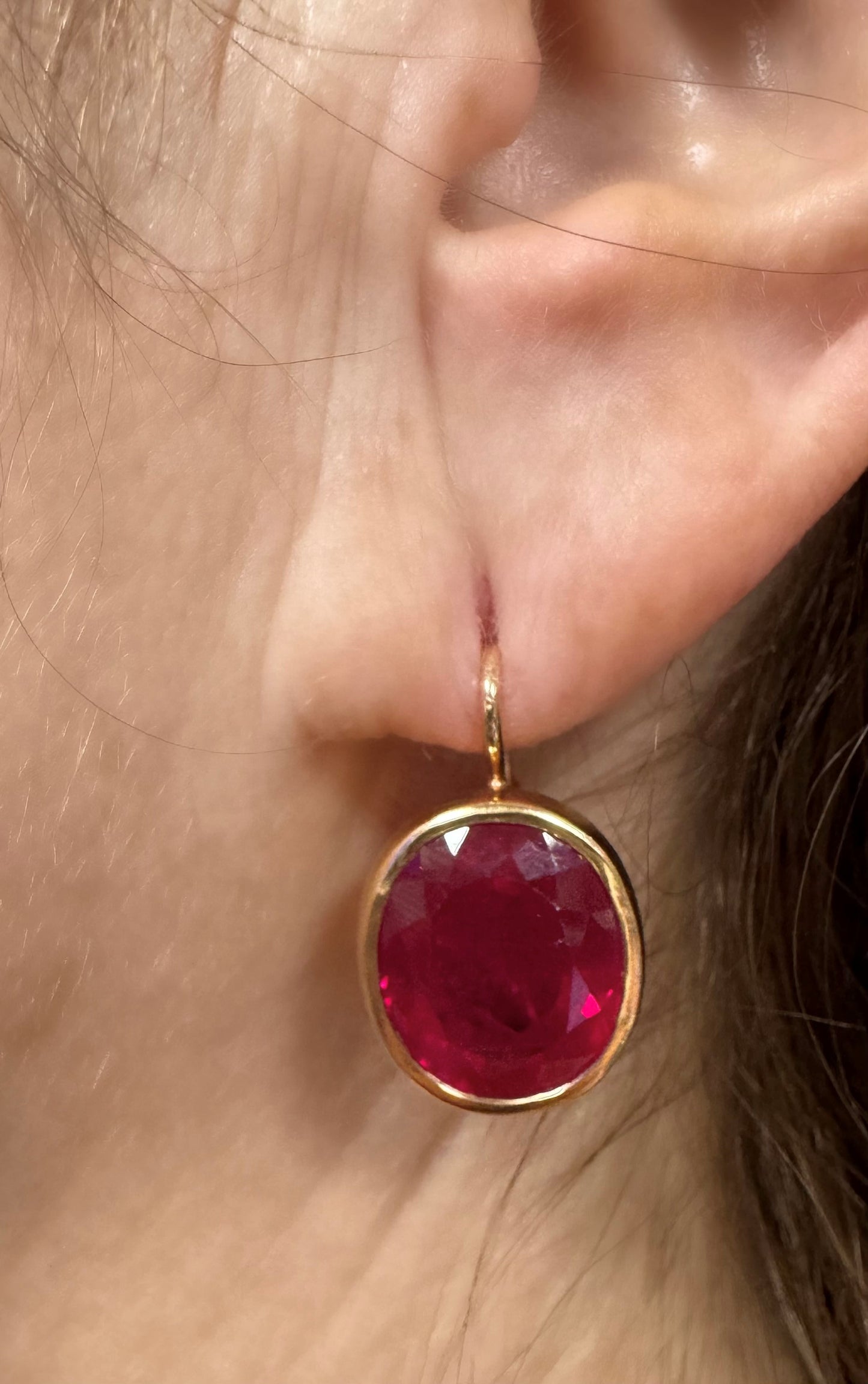Oval Bezeled Drop Ruby Earrings