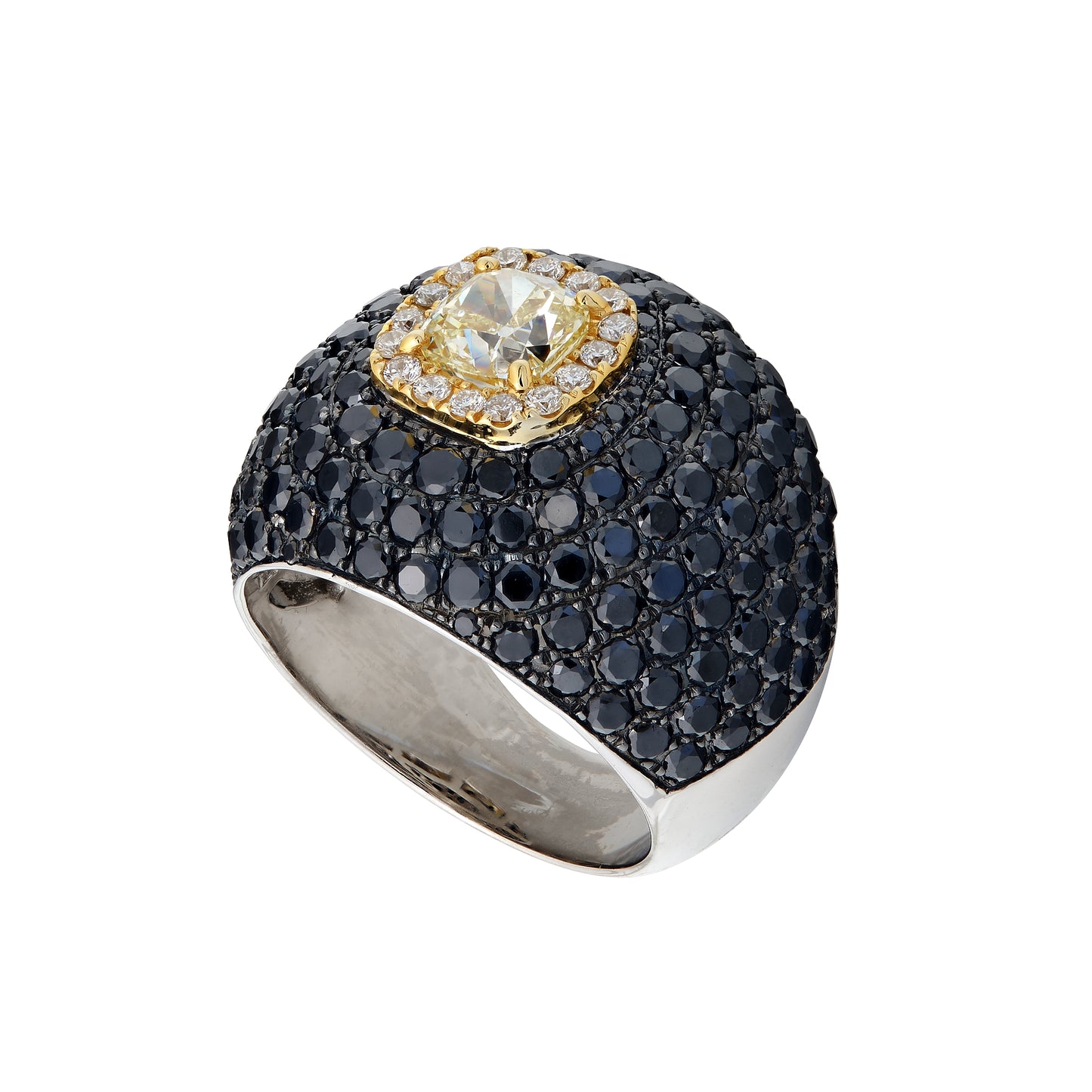 Black Diamond and Yellow Cushion Cut Ring