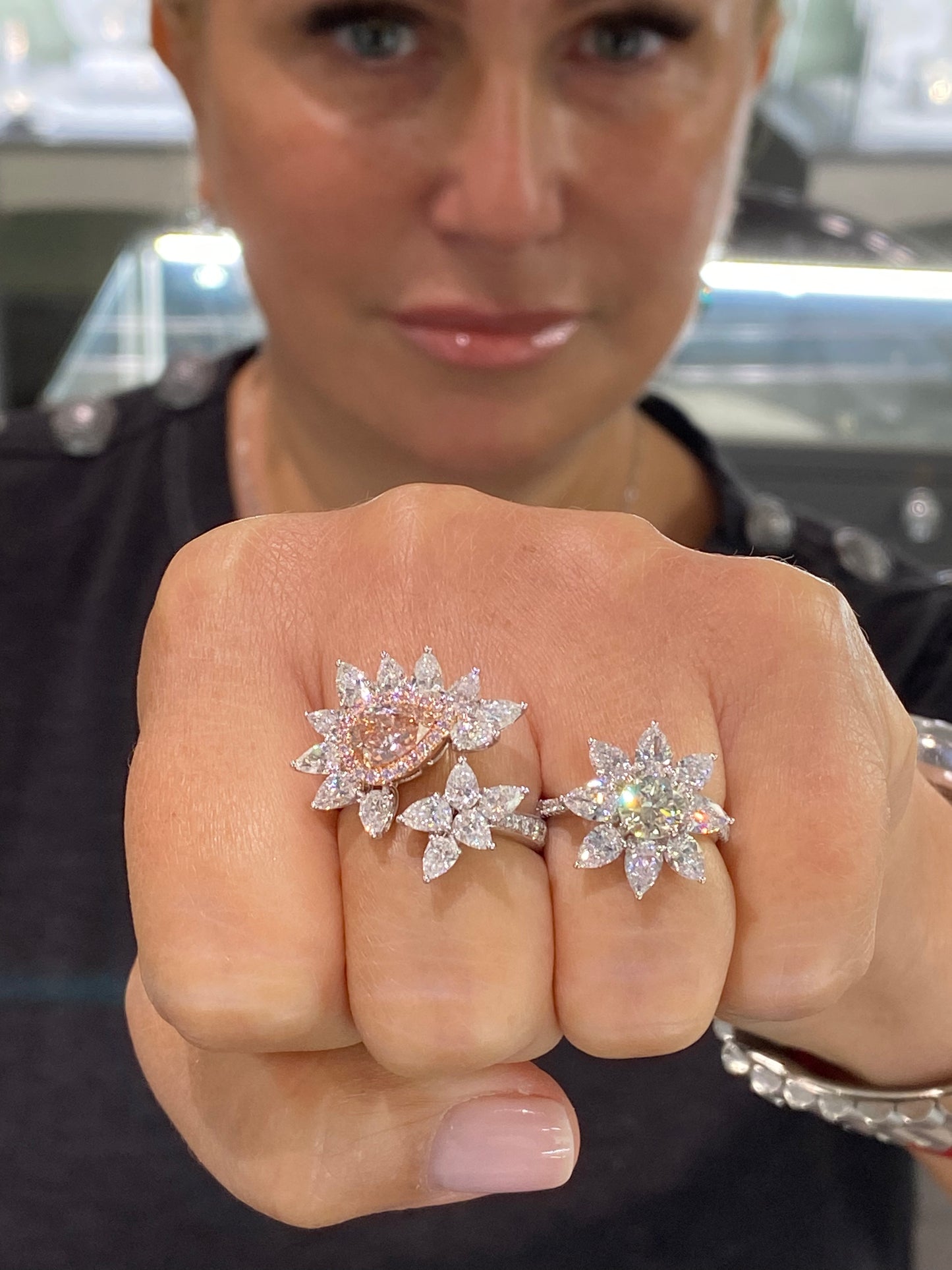 Round and Pear Shape Diamond Flower Ring