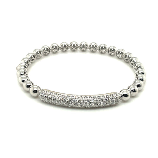 White Gold Caviar Bead and Pave Set Bar Bangle