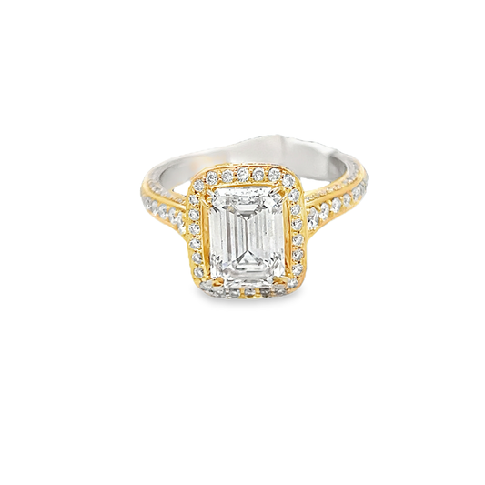 Emerald Diamond in Rectangular Halo Ring