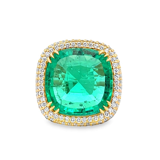 18Kt Yellow Gold Emerald and Diamond Halo Cocktail Ring