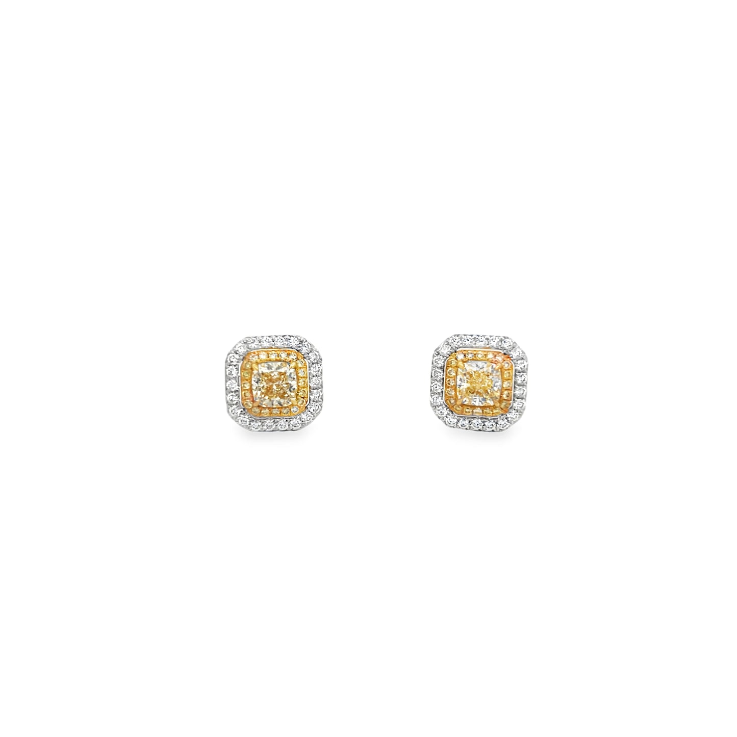 18Kt WG Cushion Shape Double Halo Yellow Diamond Earrings