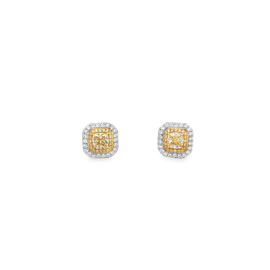 18Kt WG Cushion Shape Double Halo Yellow Diamond Earrings