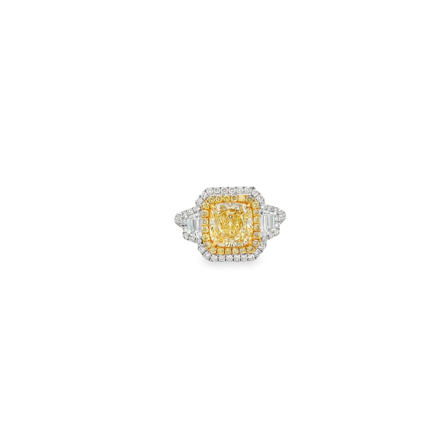 18Kt WG Cushion Shape Double Halo Yellow Diamond Fashion Ring