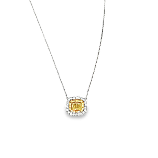 18Kt Cushion Shape Double Halo Yellow Diamond Necklace Length 16