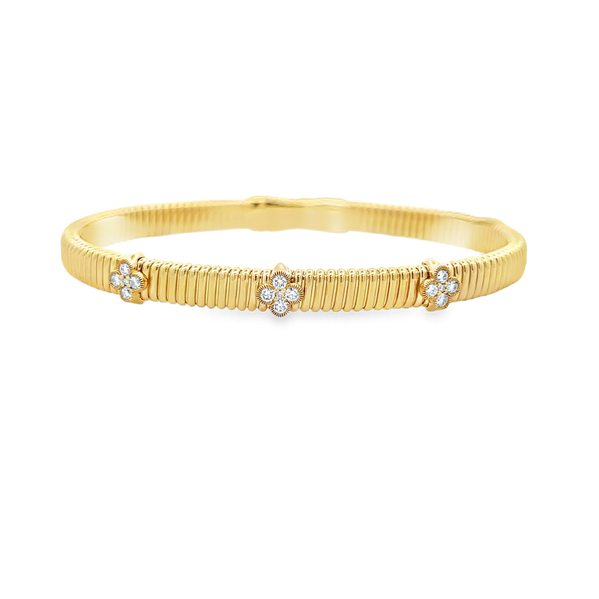 14Kt Gooseneck Bangle With 3 Diamond Clovers Bracelet