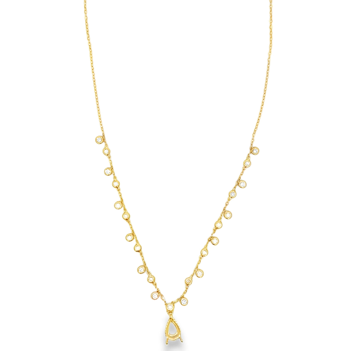 14Kt Hidden Halo Remount Pear Shape Necklace With Bezeled Diamonds On Chain Necklace