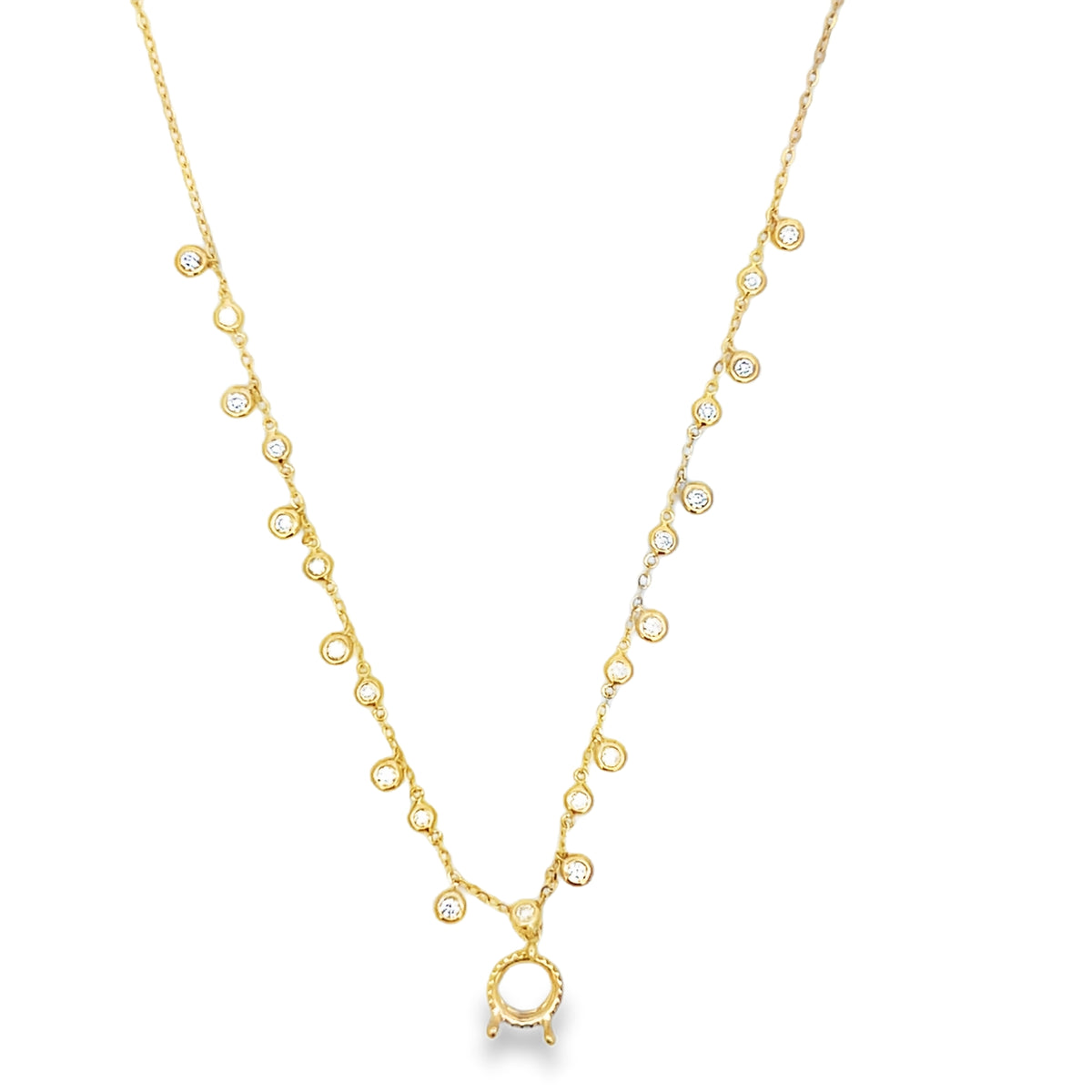 14Kt Hidden Halo Remount Round Necklace with Bezeled Diamonds on Chain