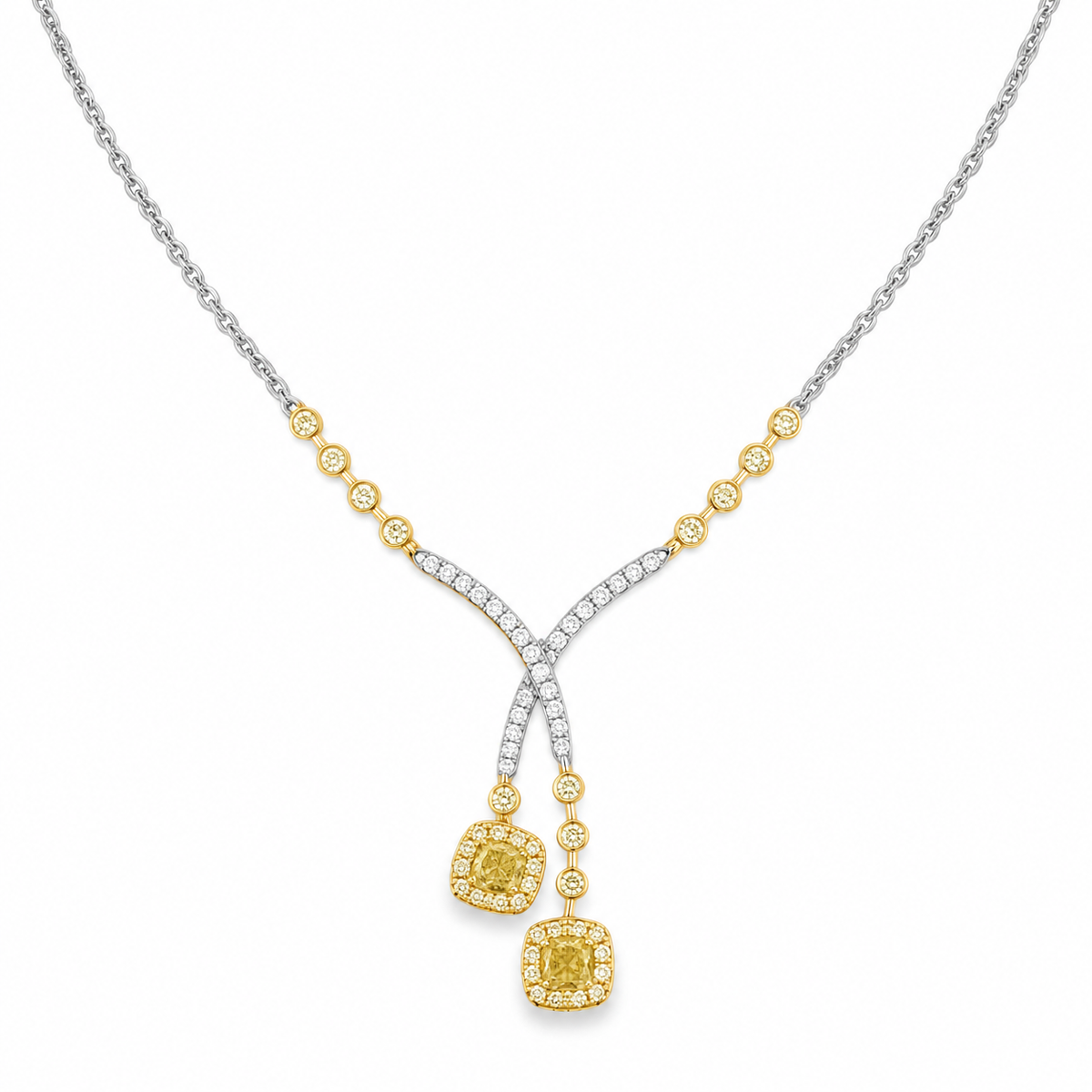 18Kt W&Y Diamond Halo Necklace Cushion Yellow Diamonds