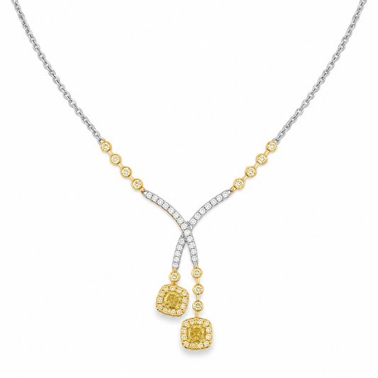 18Kt W&Y Diamond Halo Necklace Cushion Yellow Diamonds