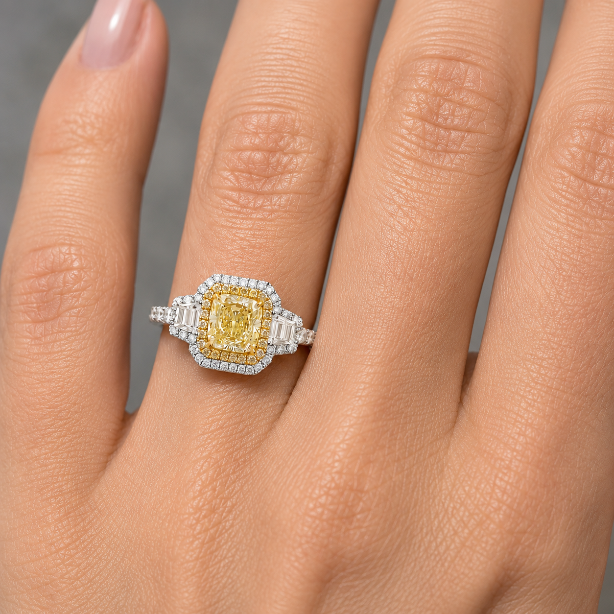 18Kt WG Cushion Shape Double Halo Yellow Diamond Fashion Ring