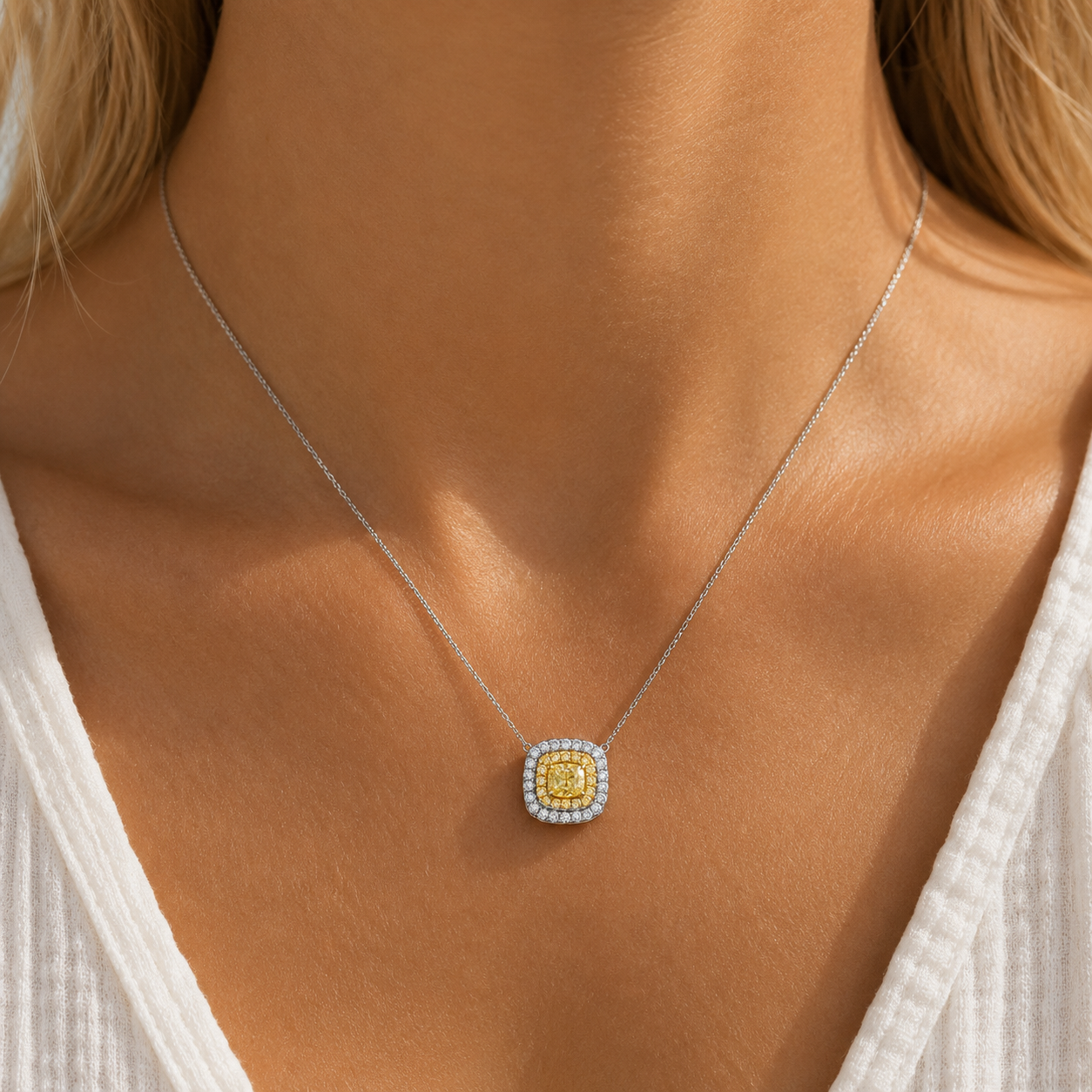 18Kt Cushion Shape Double Halo Yellow Diamond Necklace Length 16