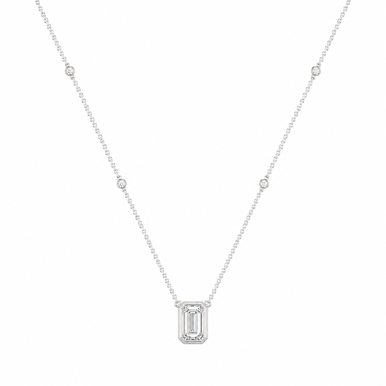 14Kt WG Bezeled Emerald Diamond Necklace