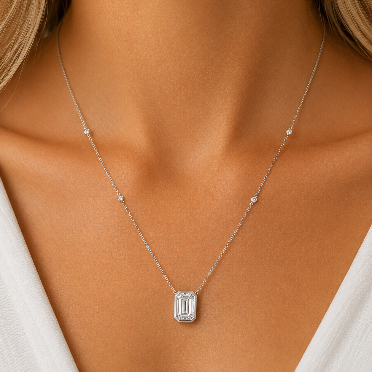 14Kt WG Bezeled Emerald Diamond Necklace
