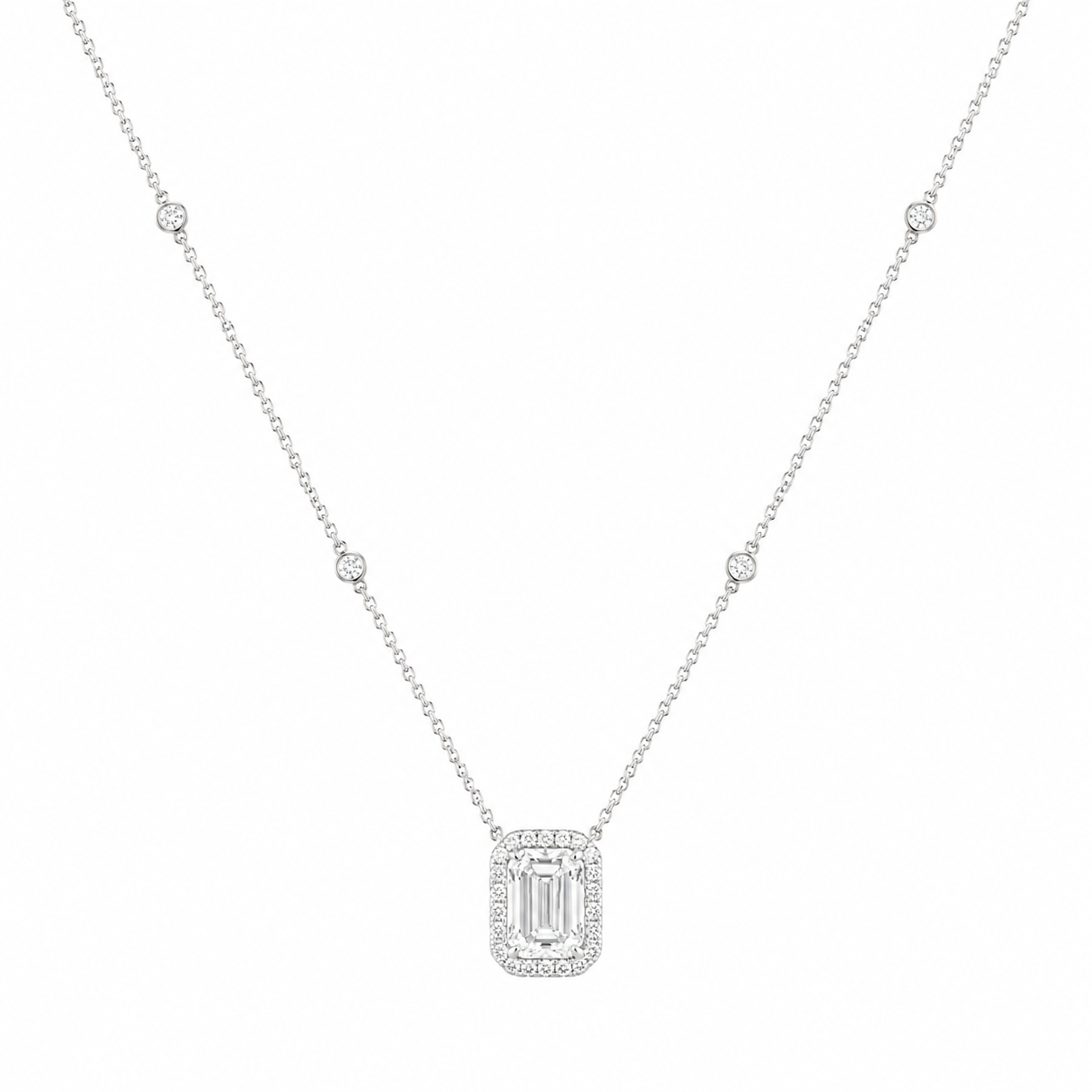 14Kt WG Emerald Diamond Necklace With Halo