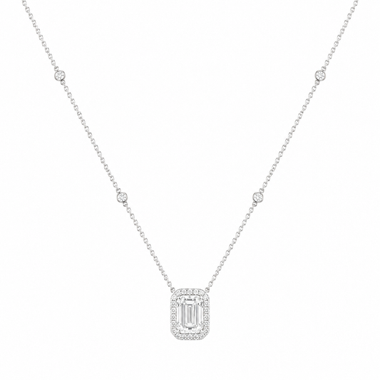 14Kt WG Emerald Diamond Necklace With Halo
