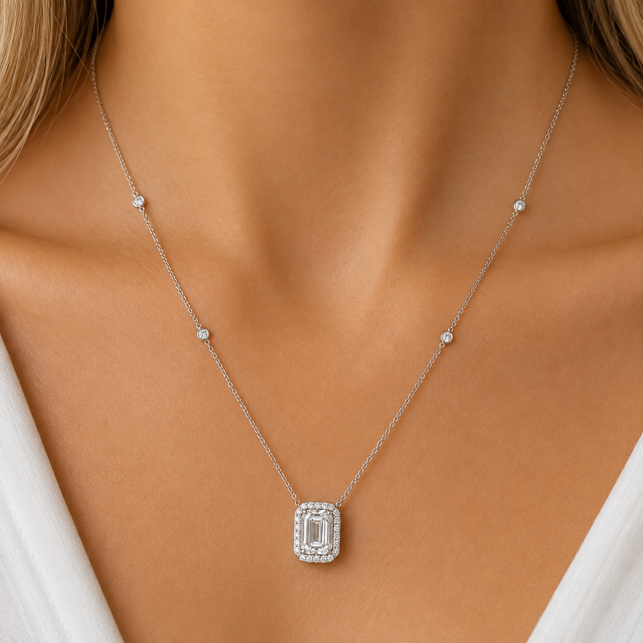 14Kt WG Emerald Diamond Necklace With Halo