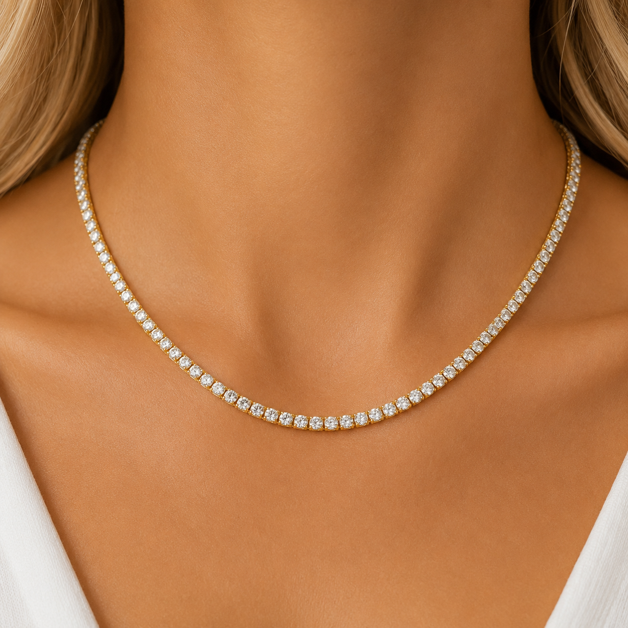 14Kt YG 4 Prong Tennis Necklace