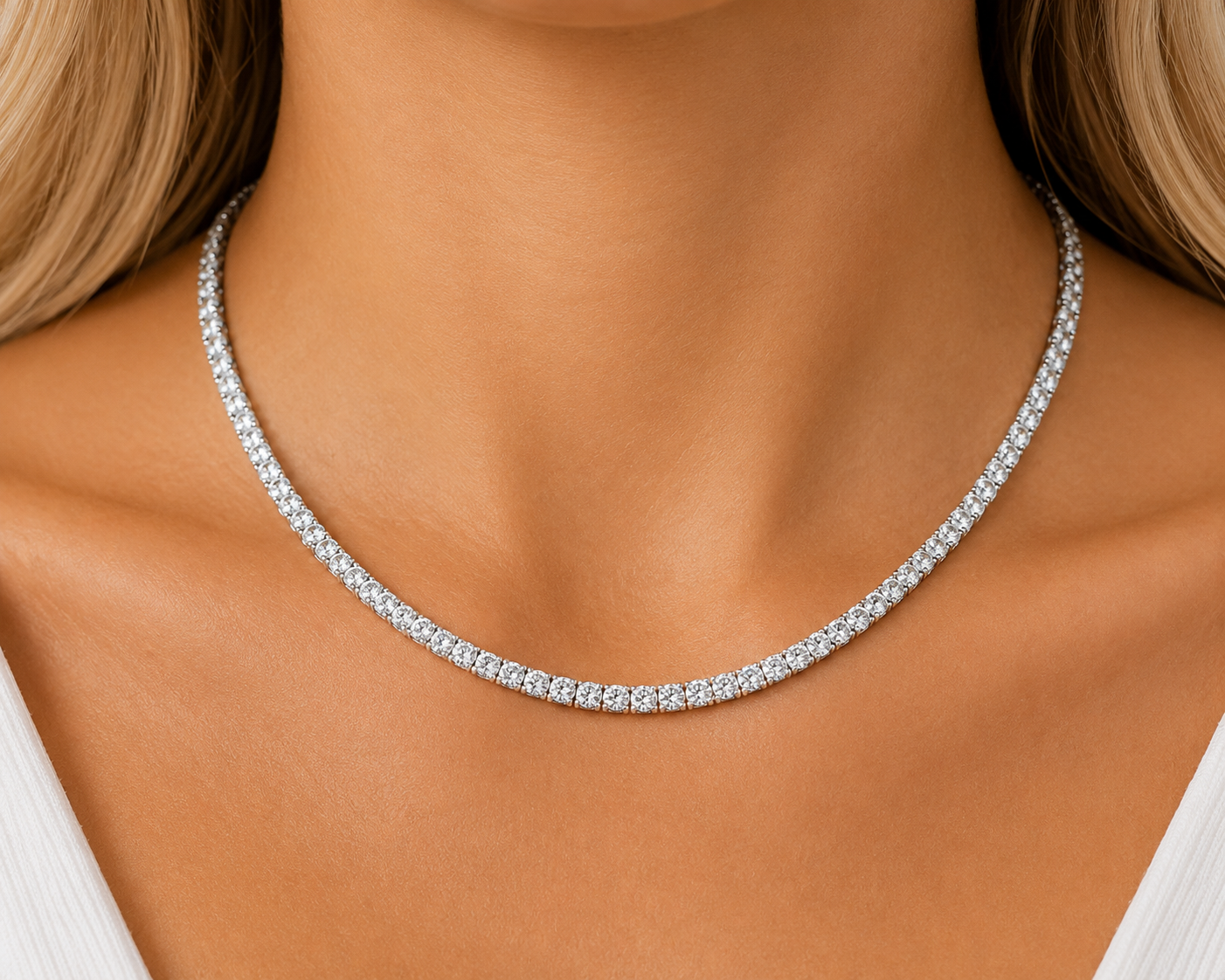 14Kt WG 4 Prong Tennis Necklace Length 15"