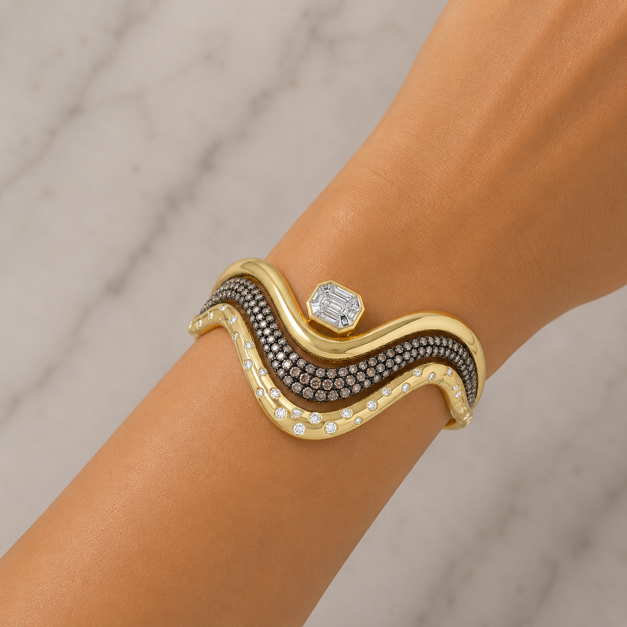 18Kt Gold 3 Row Wave Bangle Bracelet
