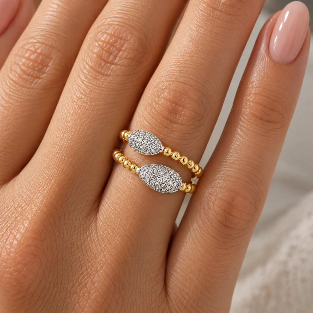 18Kt 2 Row Caviar Bead Diamond Fashion Ring