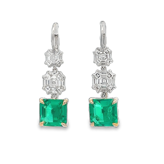 Illusion Double Diamond Emerald Drop Earrings