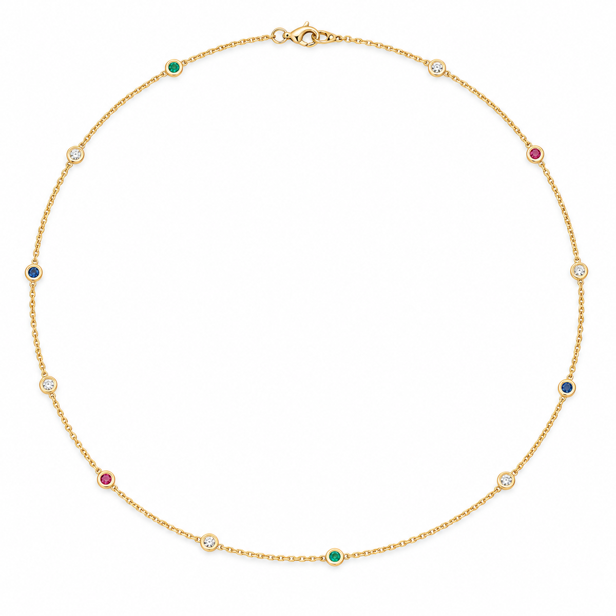 14Kt Bezeled Necklace Round Diamonds, Rubies, Sapphires & Emeralds