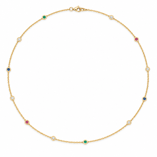 14Kt Bezeled Necklace Round Diamonds, Rubies, Sapphires & Emeralds