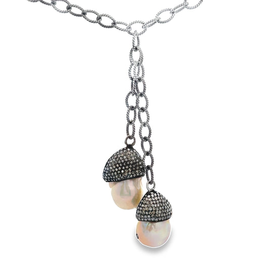 Diamond Cap Pearl Lariat Necklace