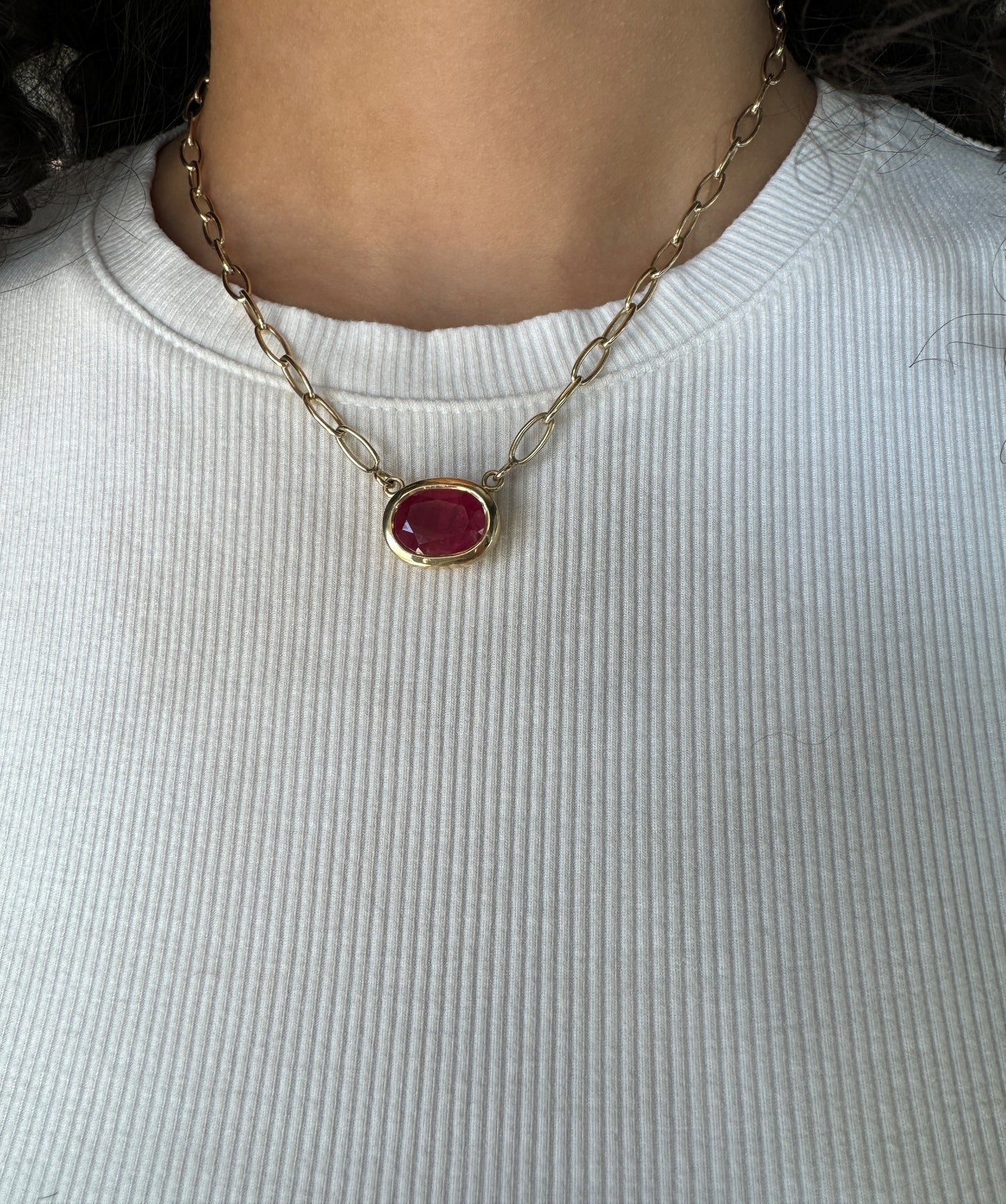 Bezeled Ruby on Oval Link Necklace