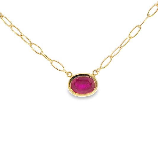 Bezeled Ruby on Oval Link Necklace