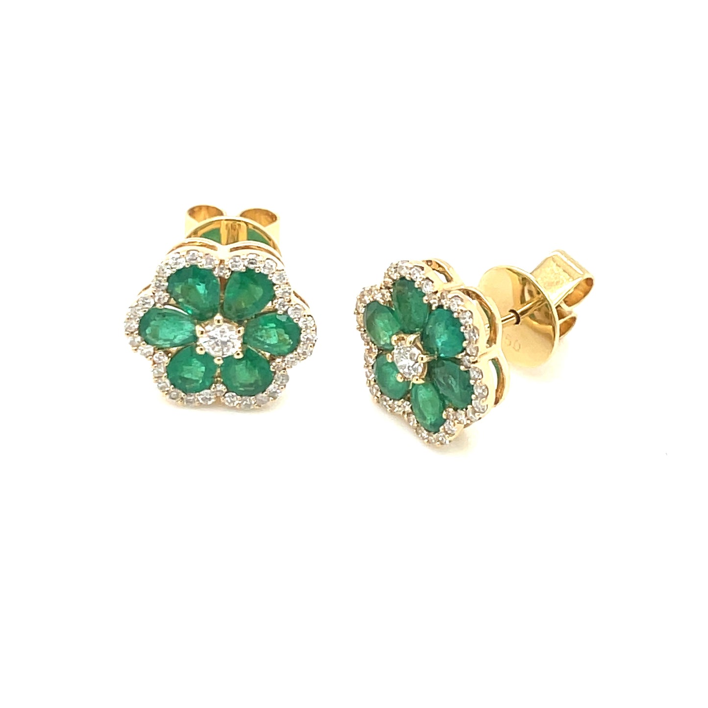 YELLOW GOLD EMERALD AND DIAMOND FLOWER EARRINGS